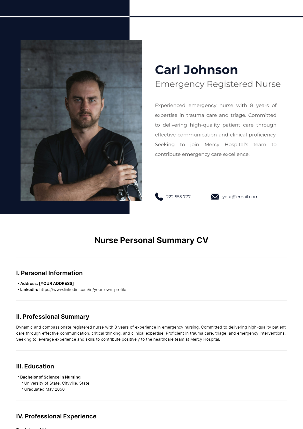 Nurse Personal Summary CV Template - Edit Online & Download