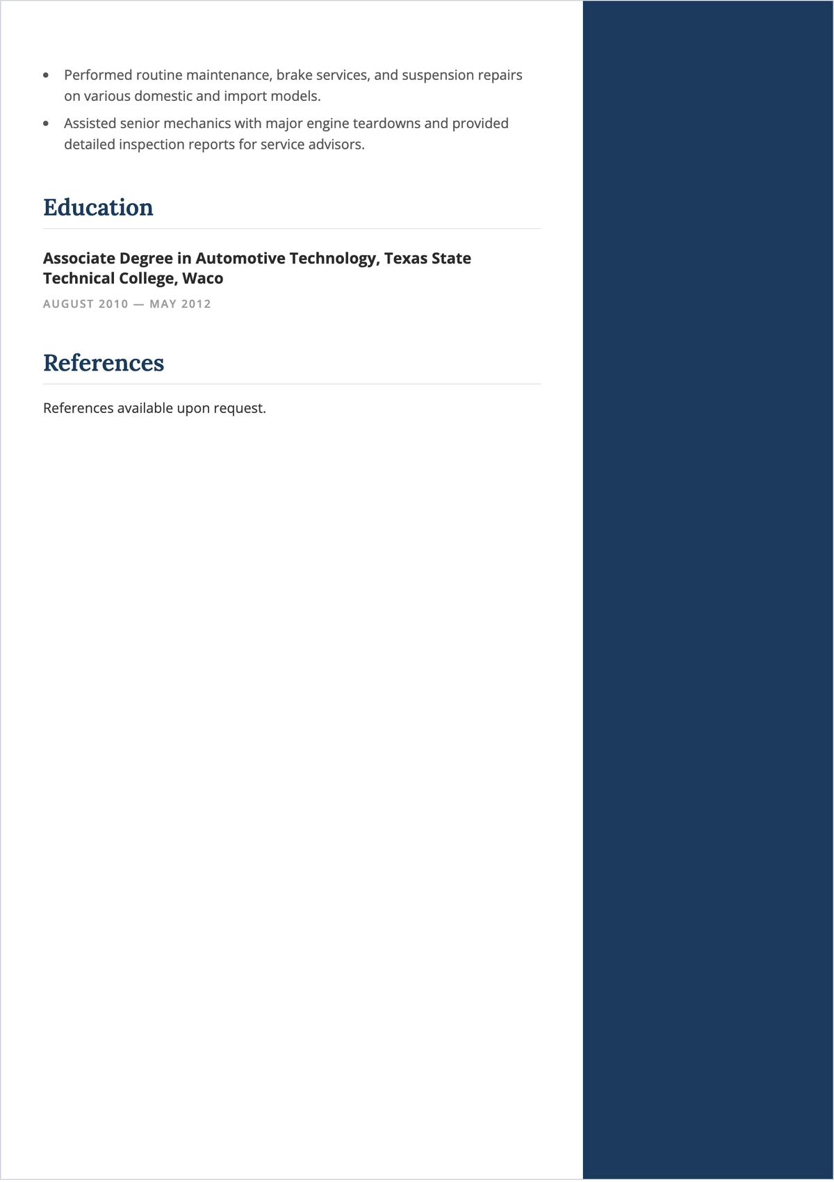 Free Automotive Mechanic ATS Resume Template, AI Resume Builder