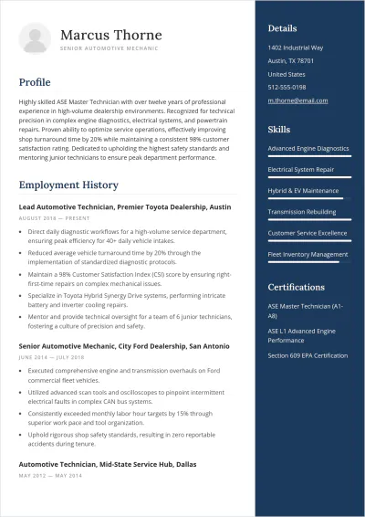 Free Automotive Mechanic ATS Resume Template, AI Resume Builder