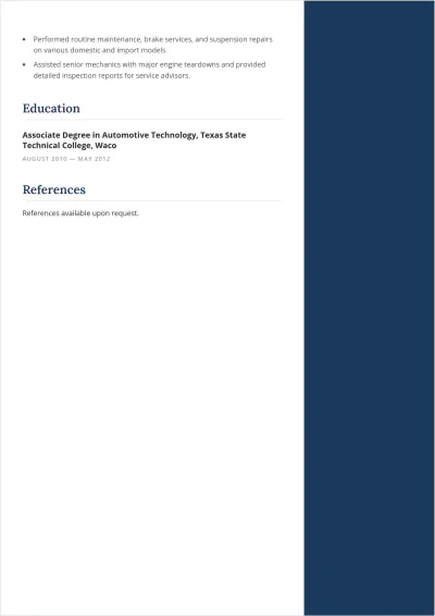Free Automotive Mechanic ATS Resume Template, AI Resume Builder