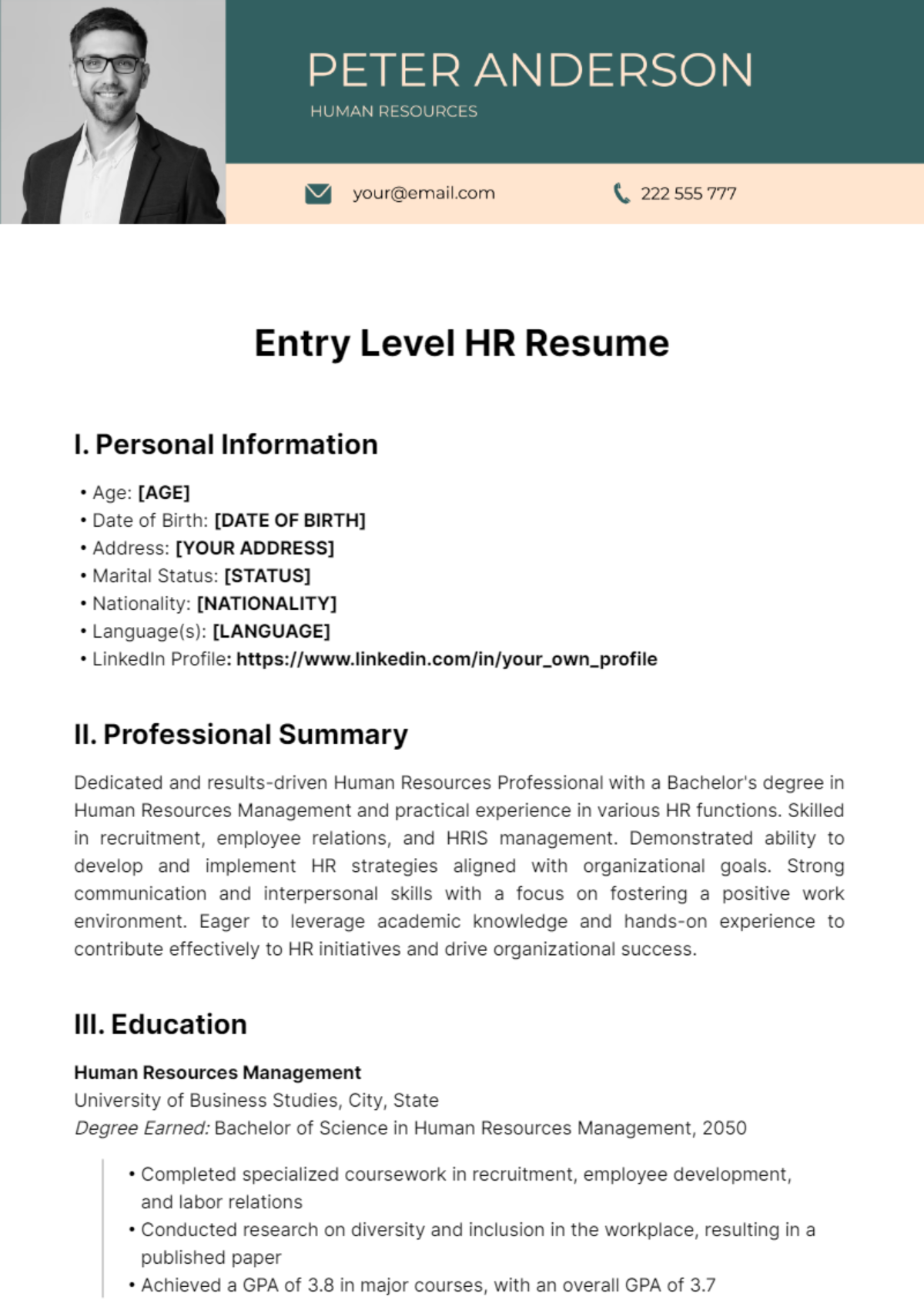 Free Entry Level HR Resume Template