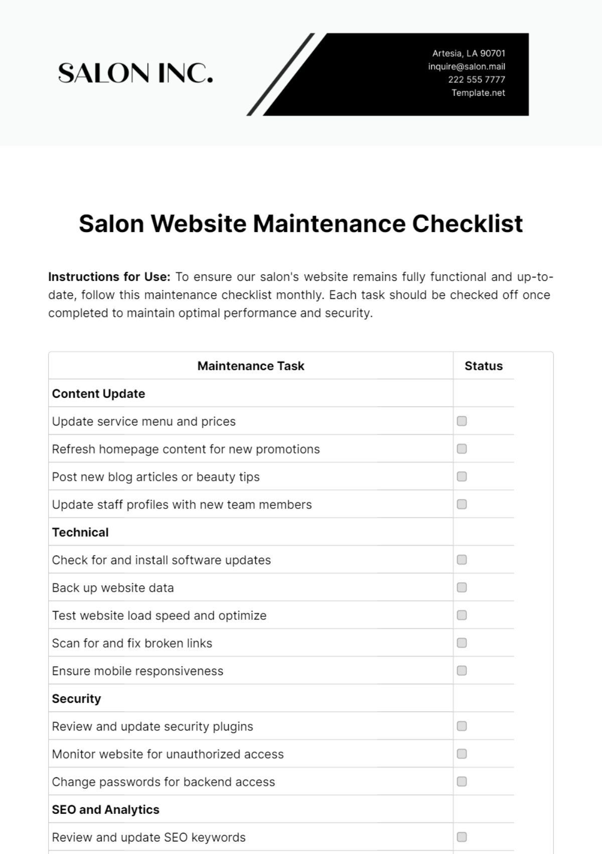 Salon Website Maintenance Checklist Template