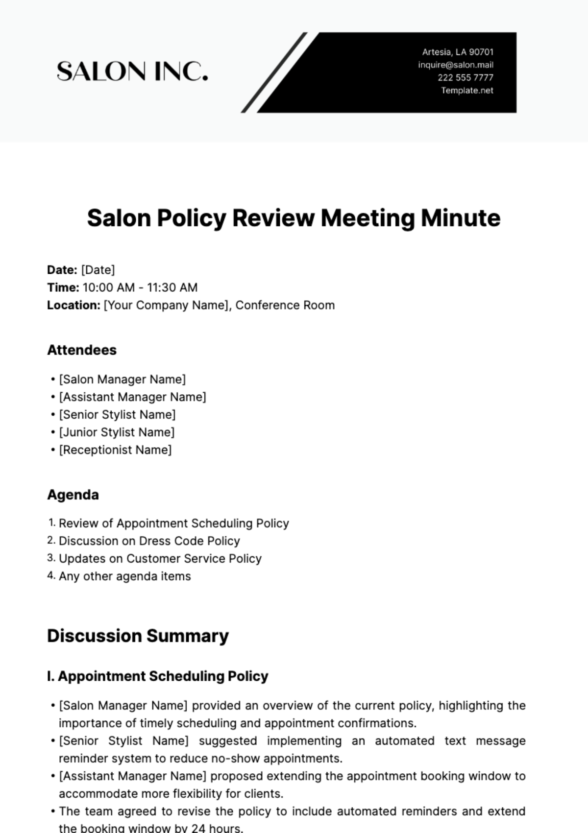 Salon Policy Review Meeting Minute Template - Edit Online & Download