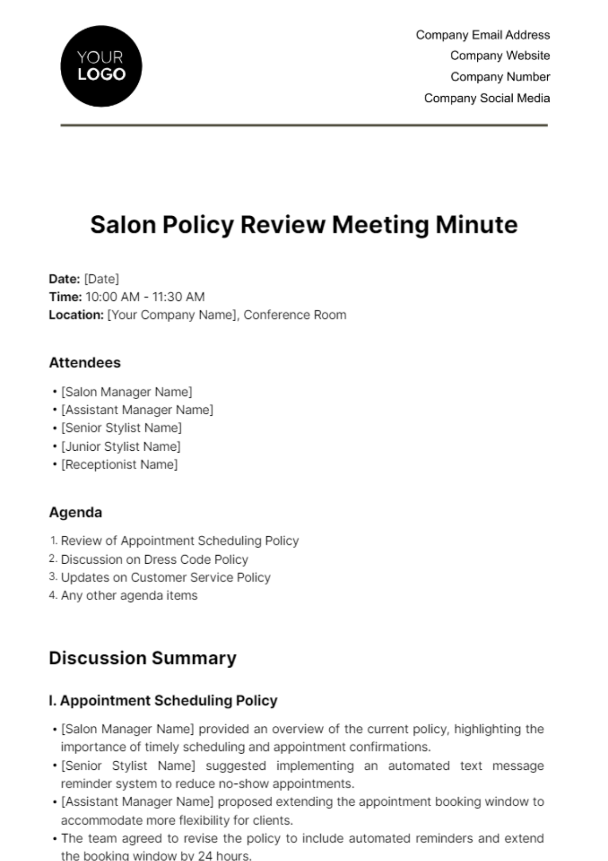 Salon Policy Review Meeting Minute Template