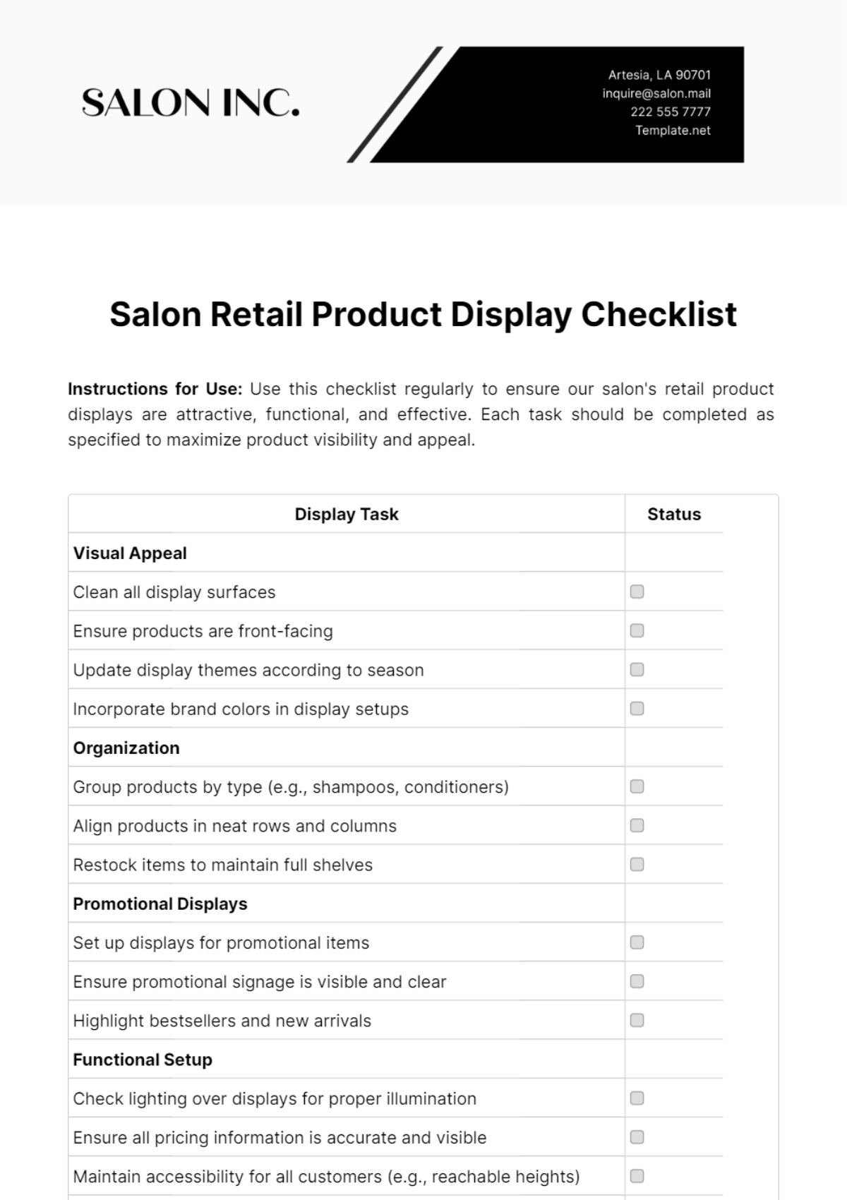 Salon Retail Product Display Checklist Template
