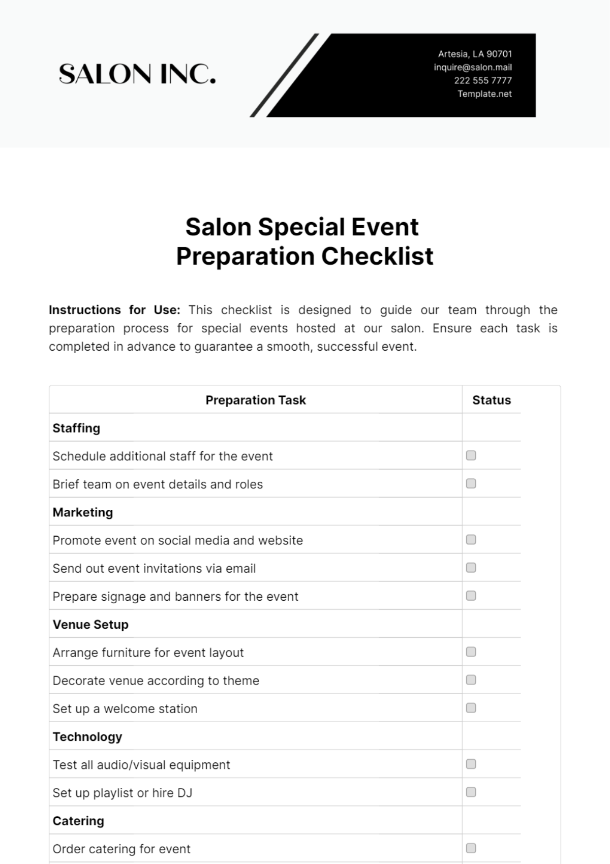 Salon Special Event Preparation Checklist Template