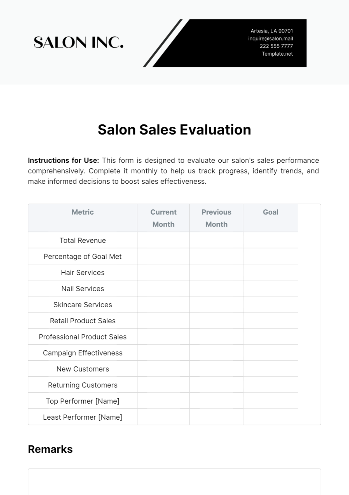 Salon Sales Evaluation Template