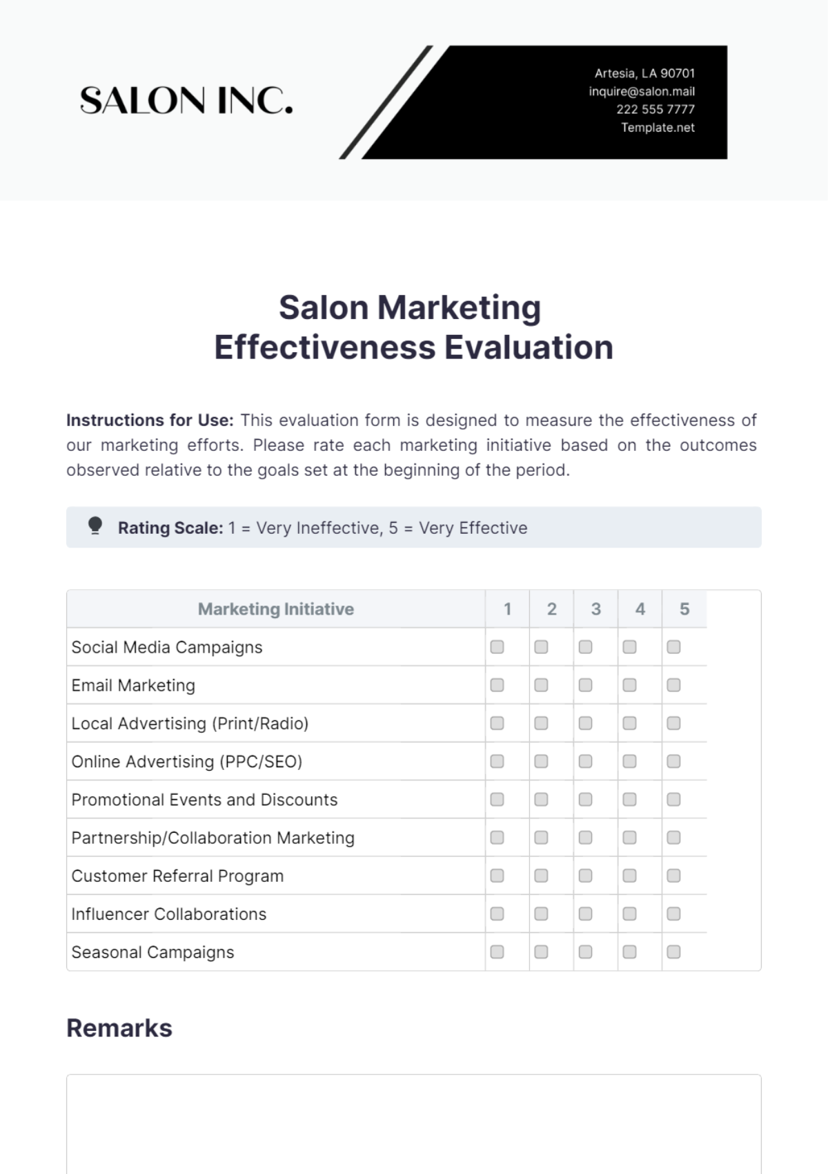 Salon Marketing Effectiveness Evaluation Template - Edit Online & Download