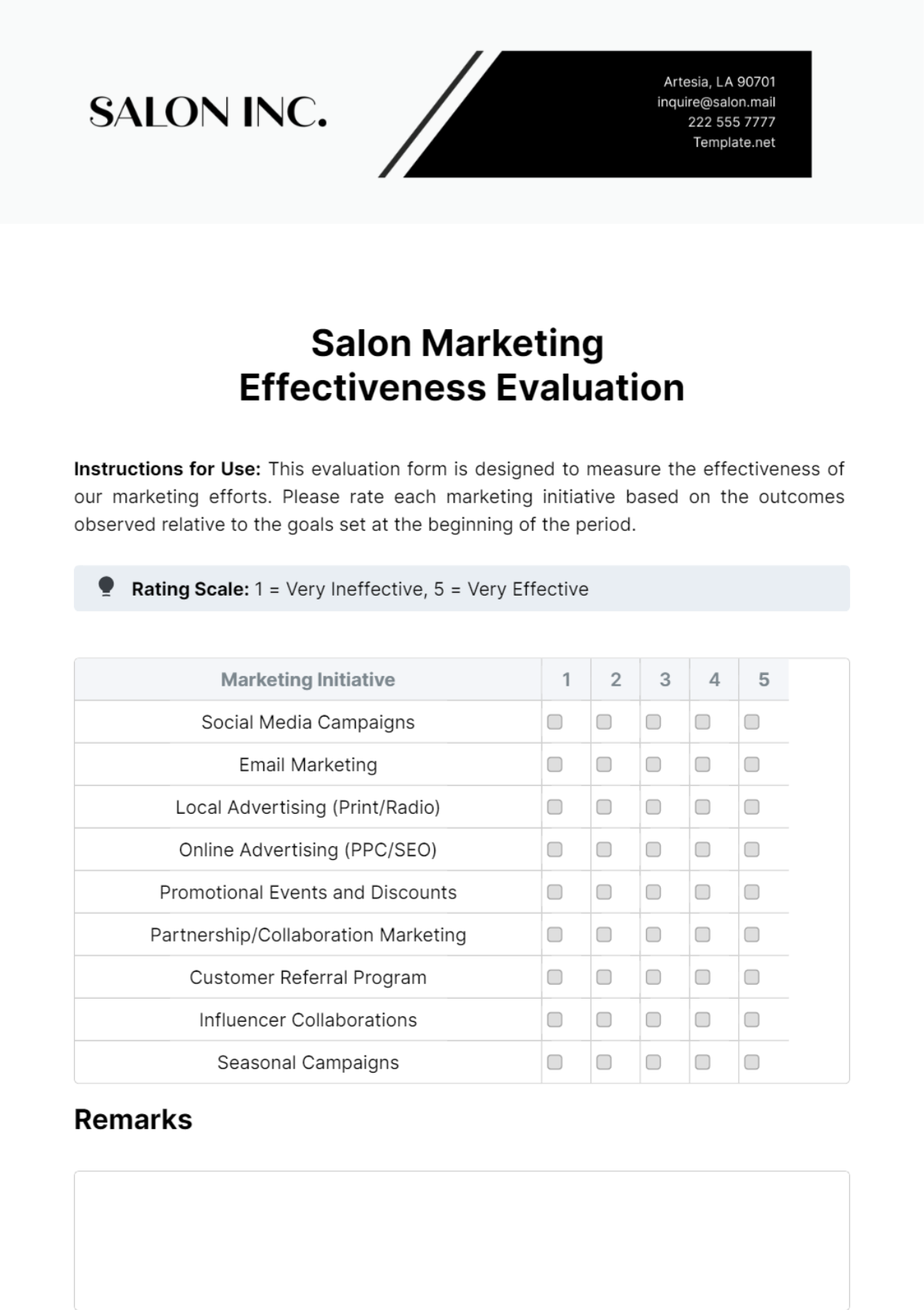 Salon Marketing Effectiveness Evaluation Template