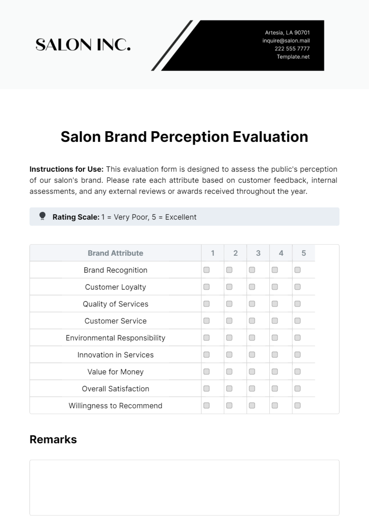 Salon Brand Perception Evaluation Template