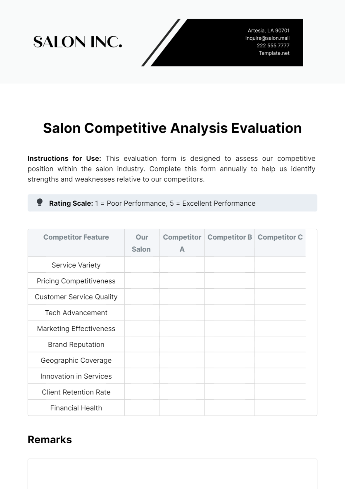 Salon Competitive Analysis Evaluation Template