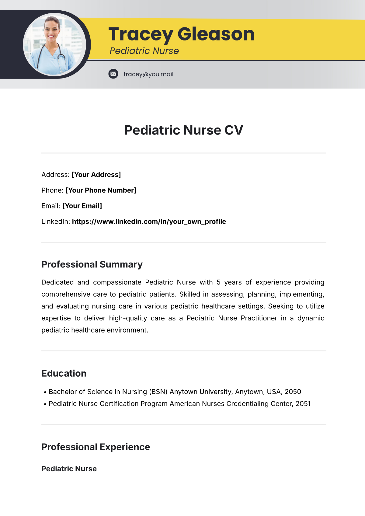 Pediatric Nurse CV Template - Edit Online & Download