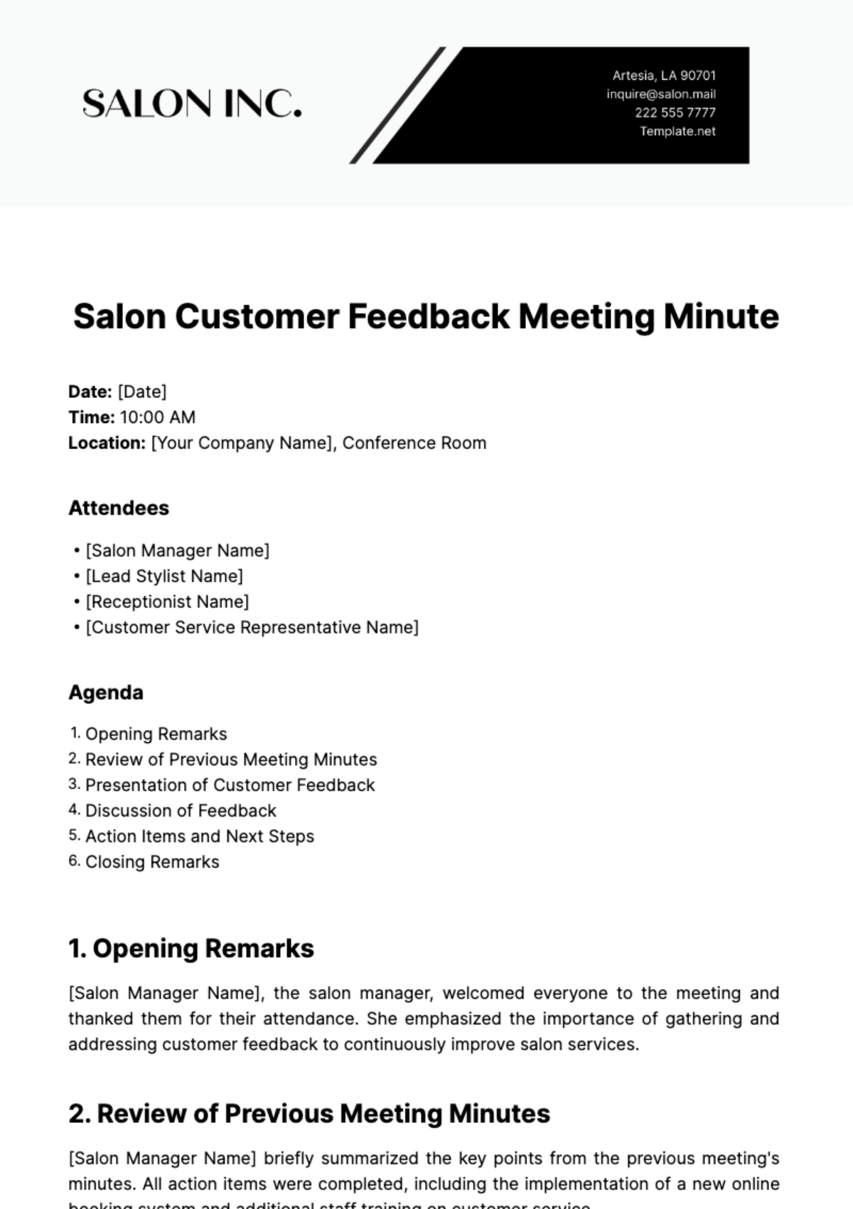 Salon Customer Feedback Meeting Minute Template