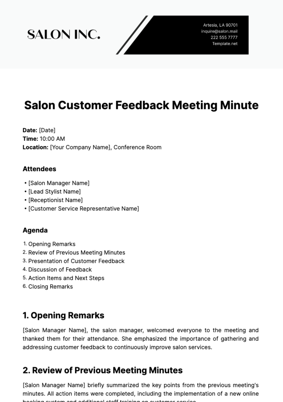 Salon Customer Feedback Meeting Minute Template - Edit Online & Download