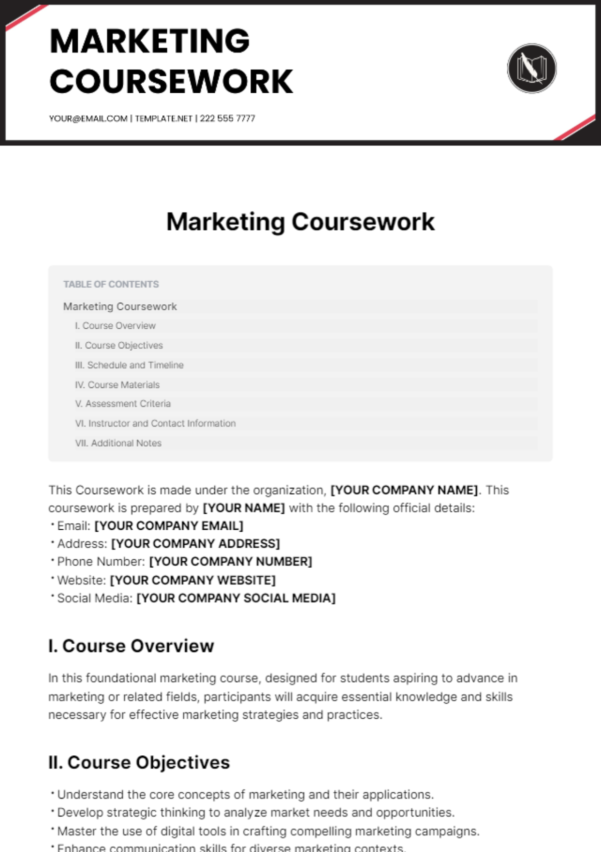 Marketing Coursework Template - Edit Online & Download