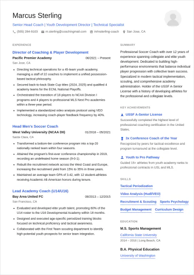 Free Soccer Coach ATS Resume Template, AI Resume Builder