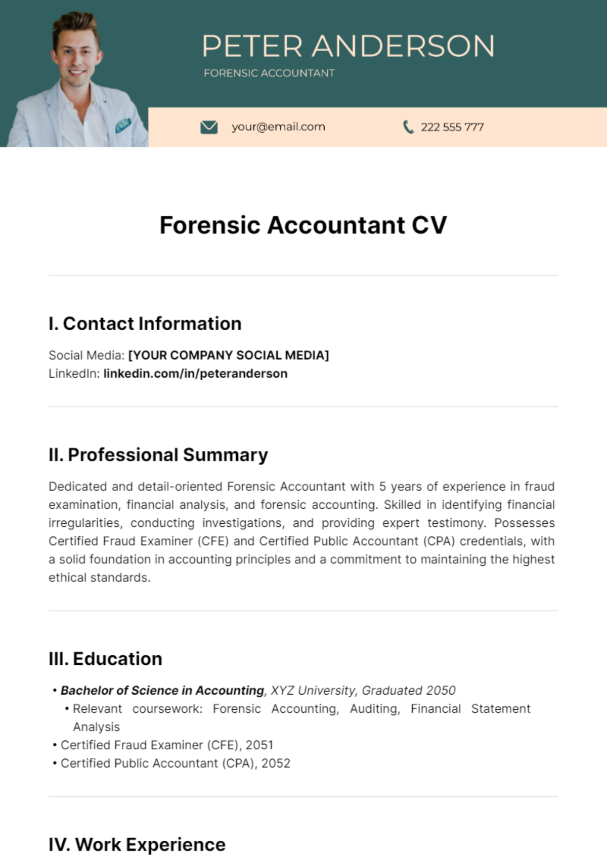 Forensic Accountant CV Template - Edit Online & Download