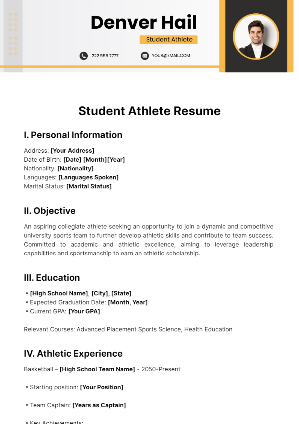 Student Athlete Resume Template