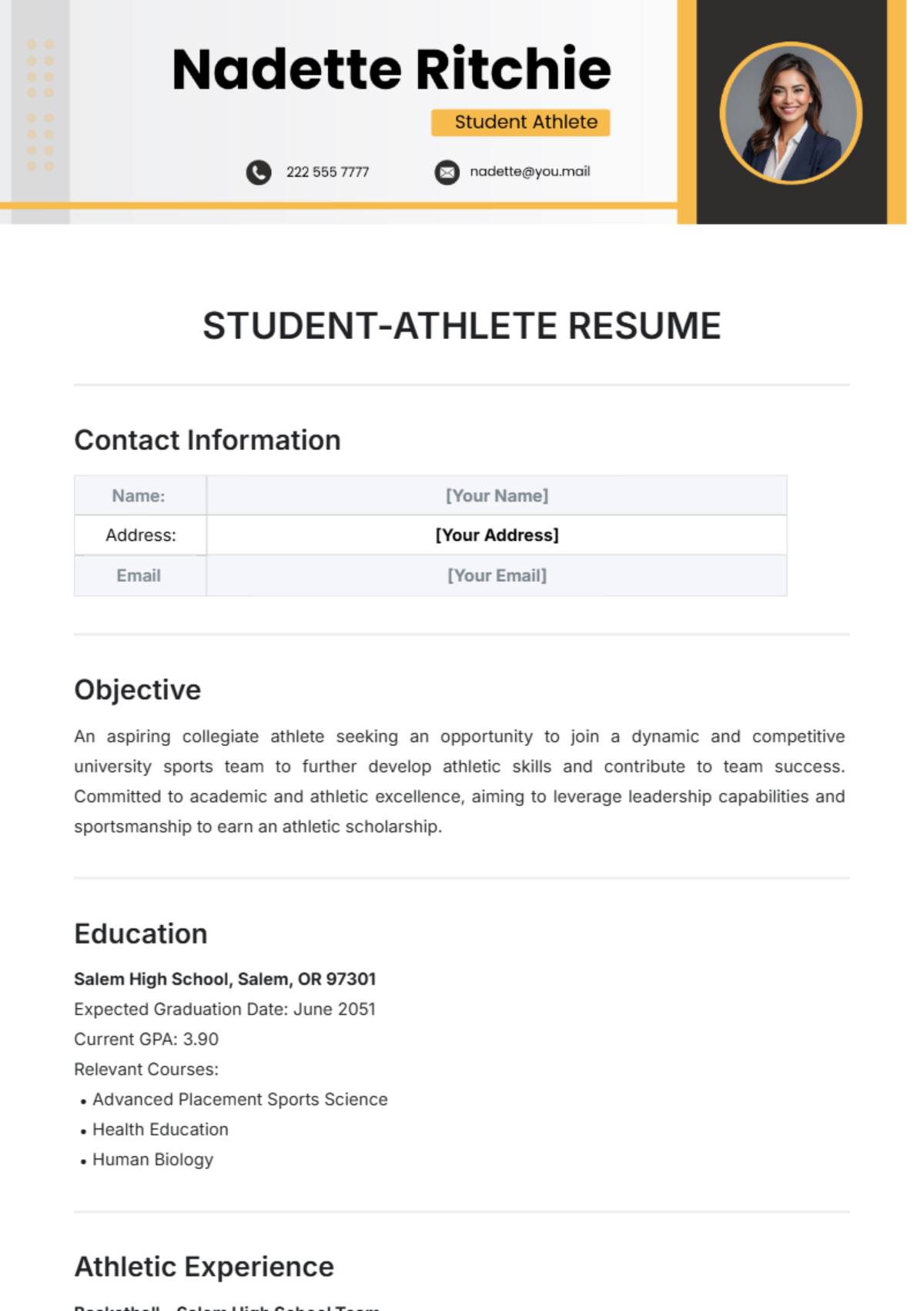 Student Athlete Resume Template - Edit Online & Download