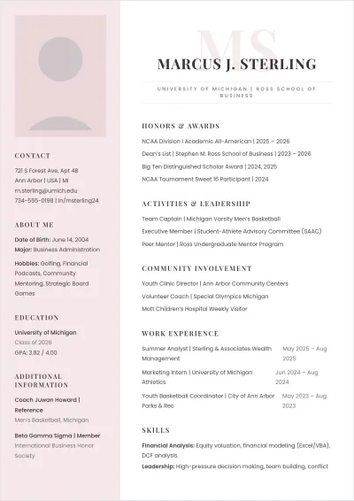 Free Student Athlete ATS Resume Template, AI Resume Builder