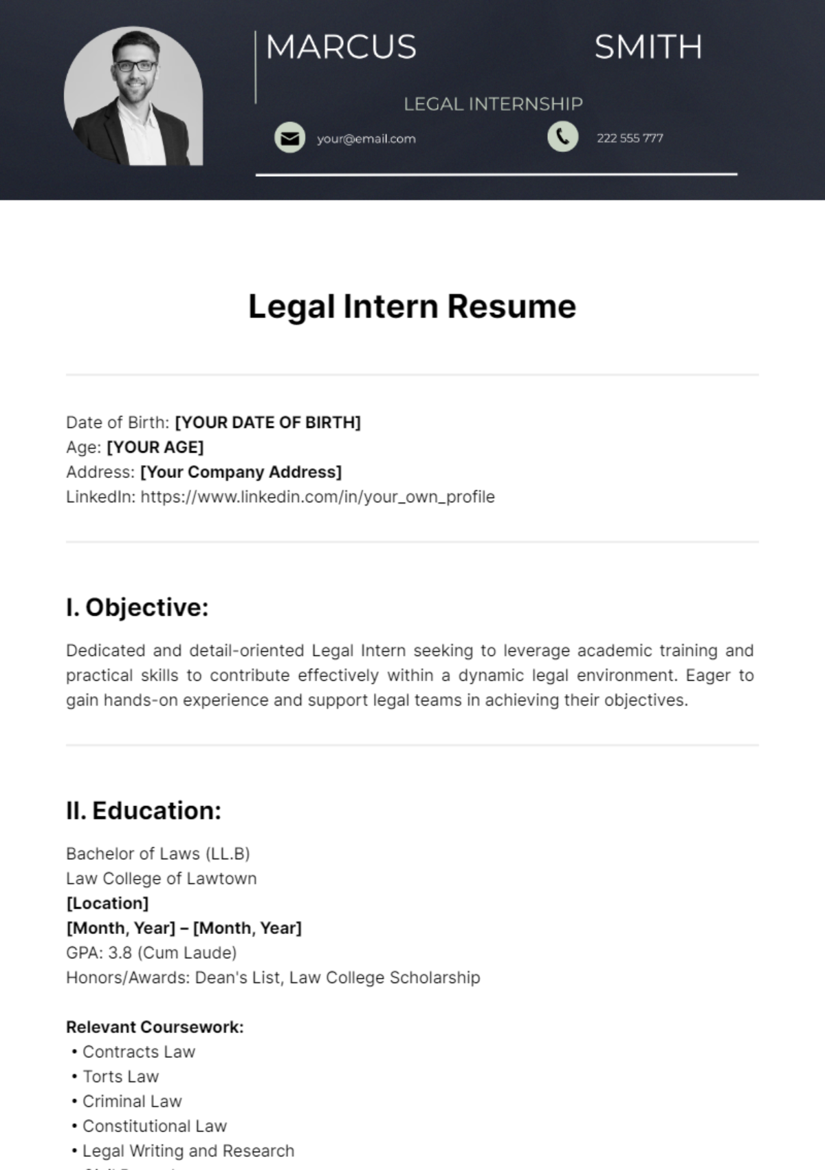 Legal Intern Resume Template