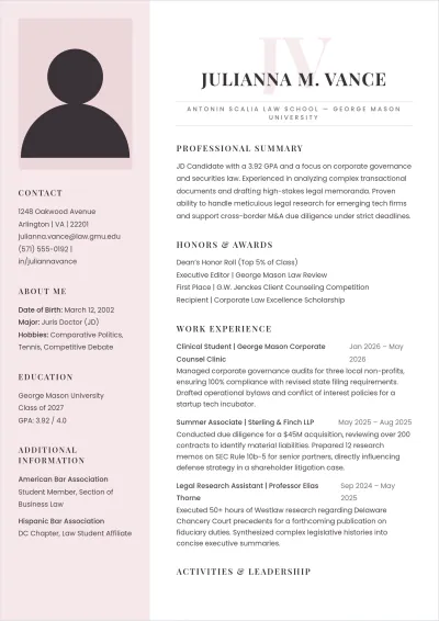 Free Legal Intern ATS Resume Template, AI Resume Builder