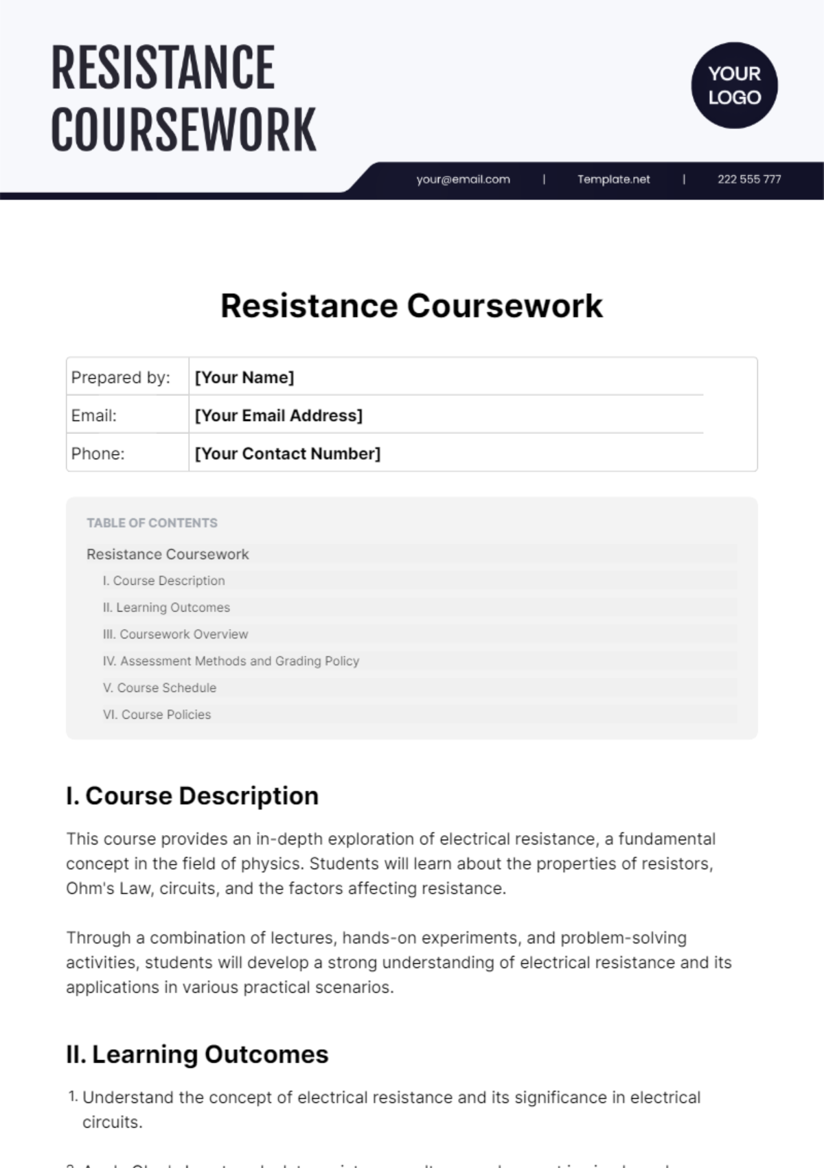 Resistance Coursework Template - Edit Online & Download