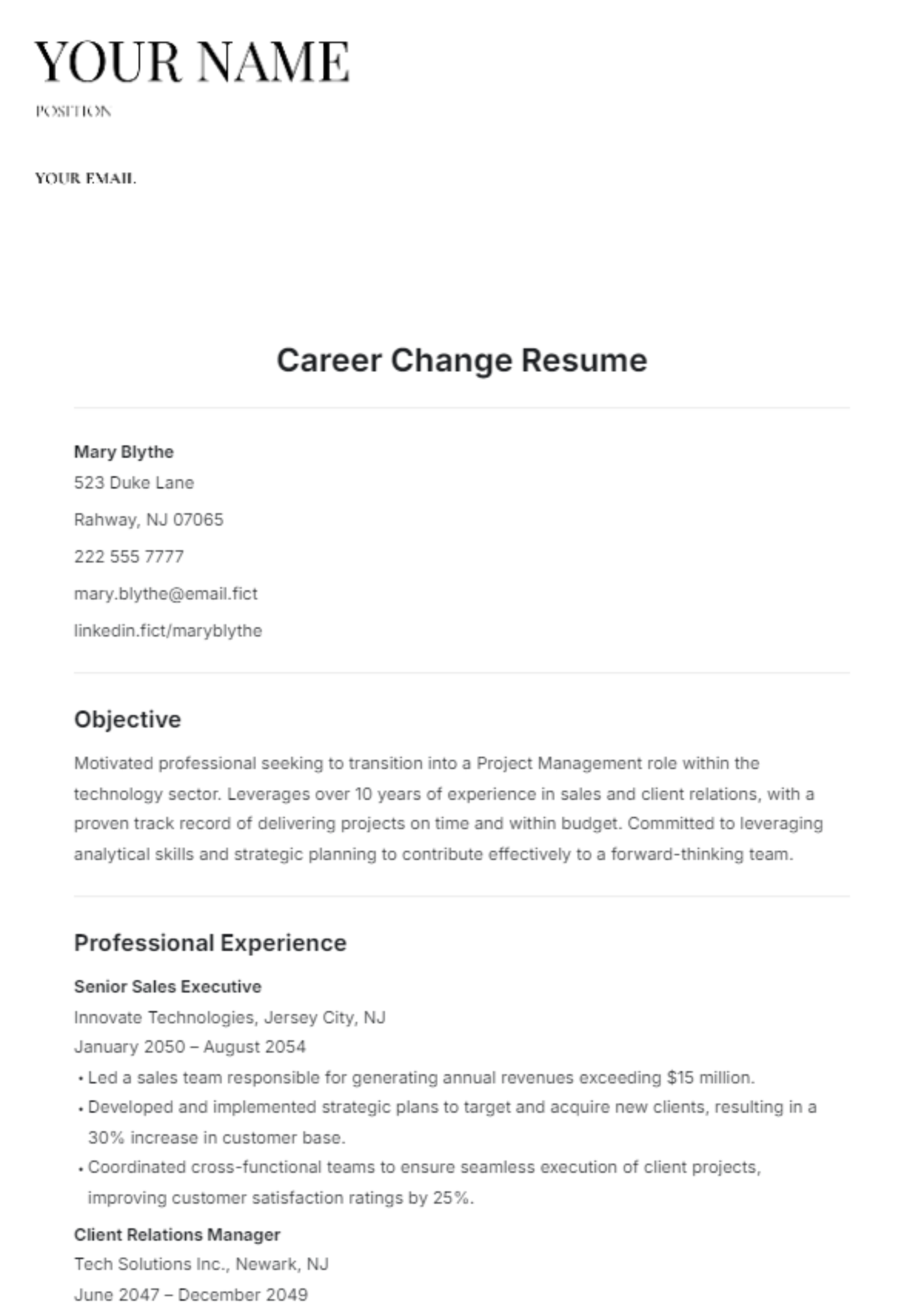 Career Change Resume Template - Edit Online & Download