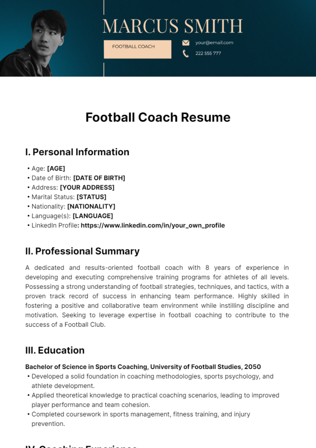 Free Football Coach Resume Template