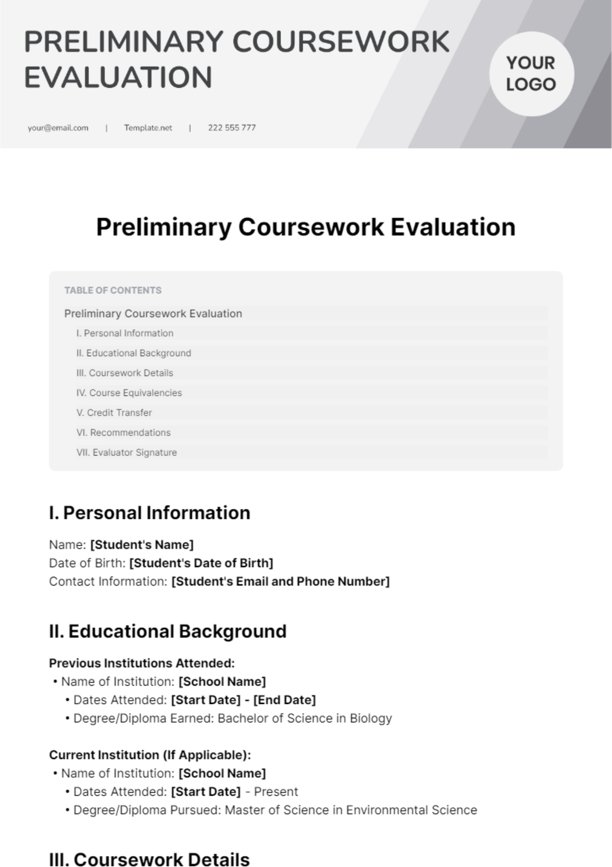 Preliminary Coursework Evaluation Template - Edit Online & Download