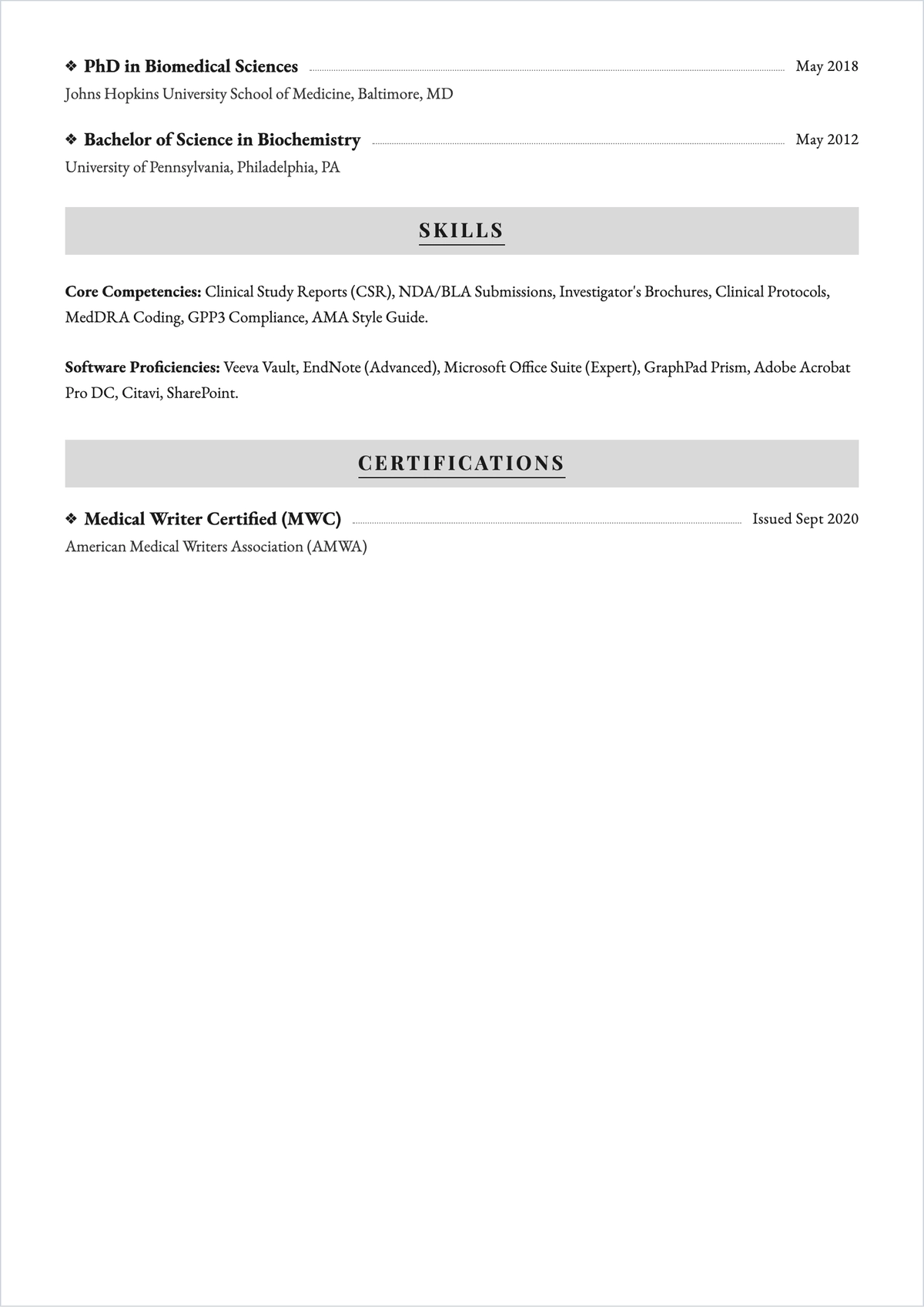 Free Medical Writer ATS Resume Template, AI Resume Builder