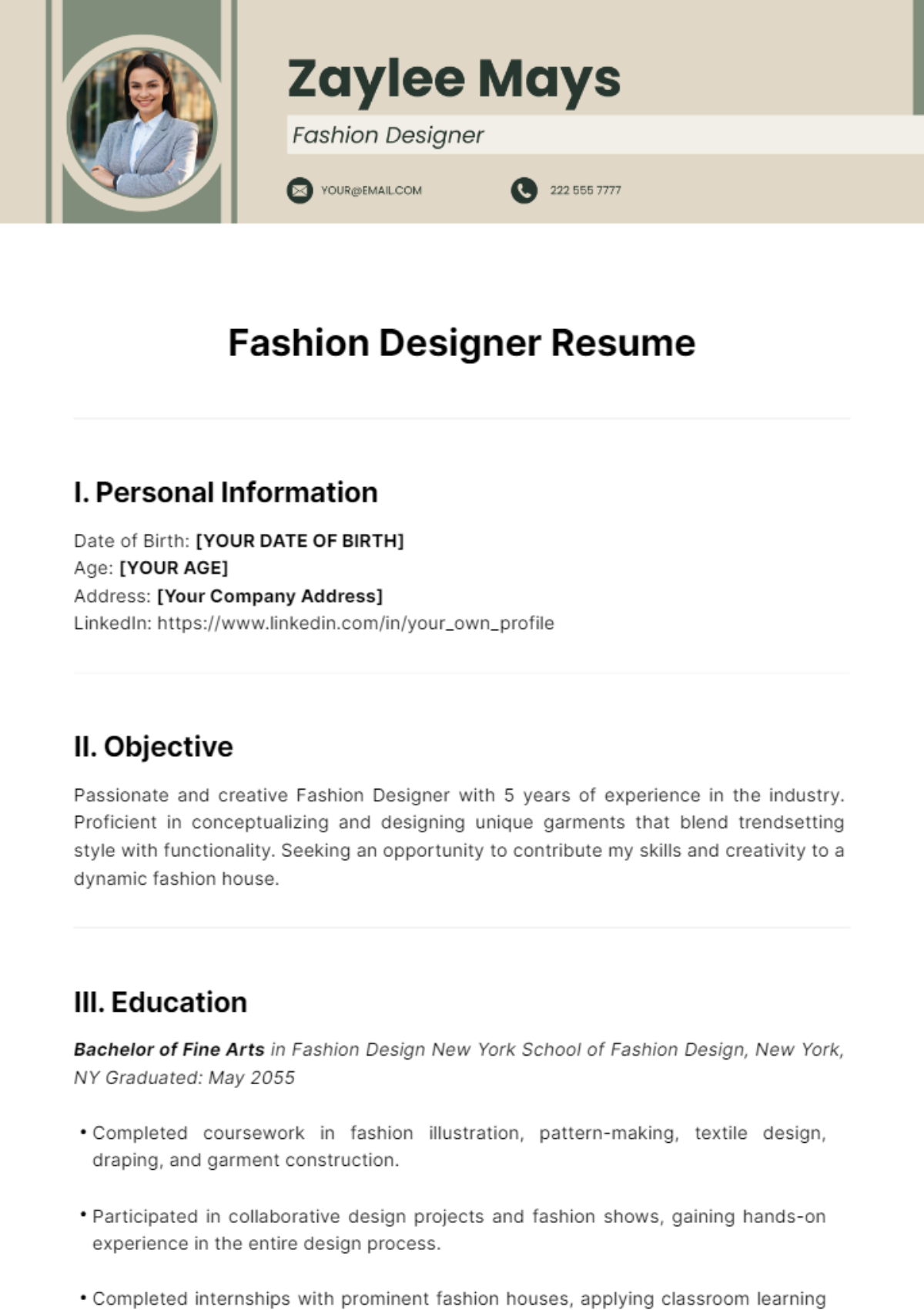Fashion Designer Resume Template