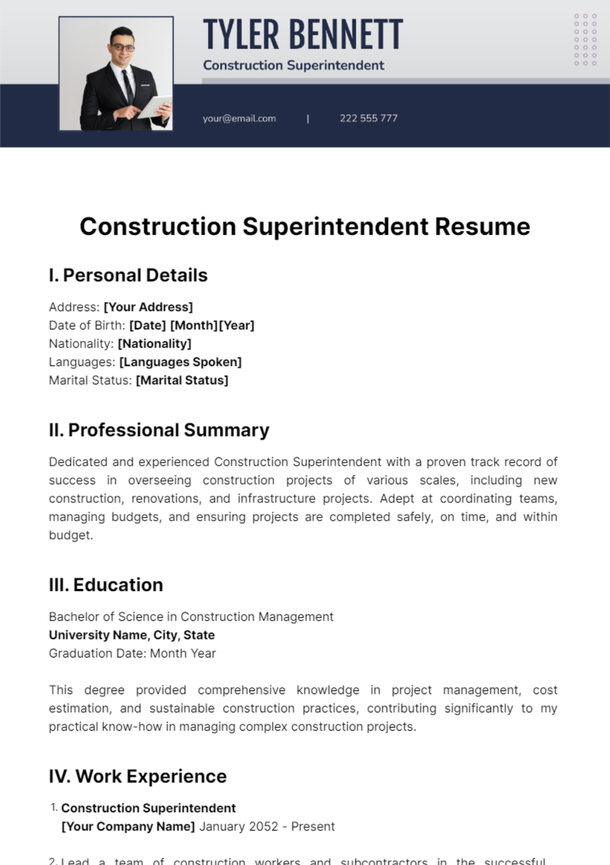 Construction Superintendent Resume Template