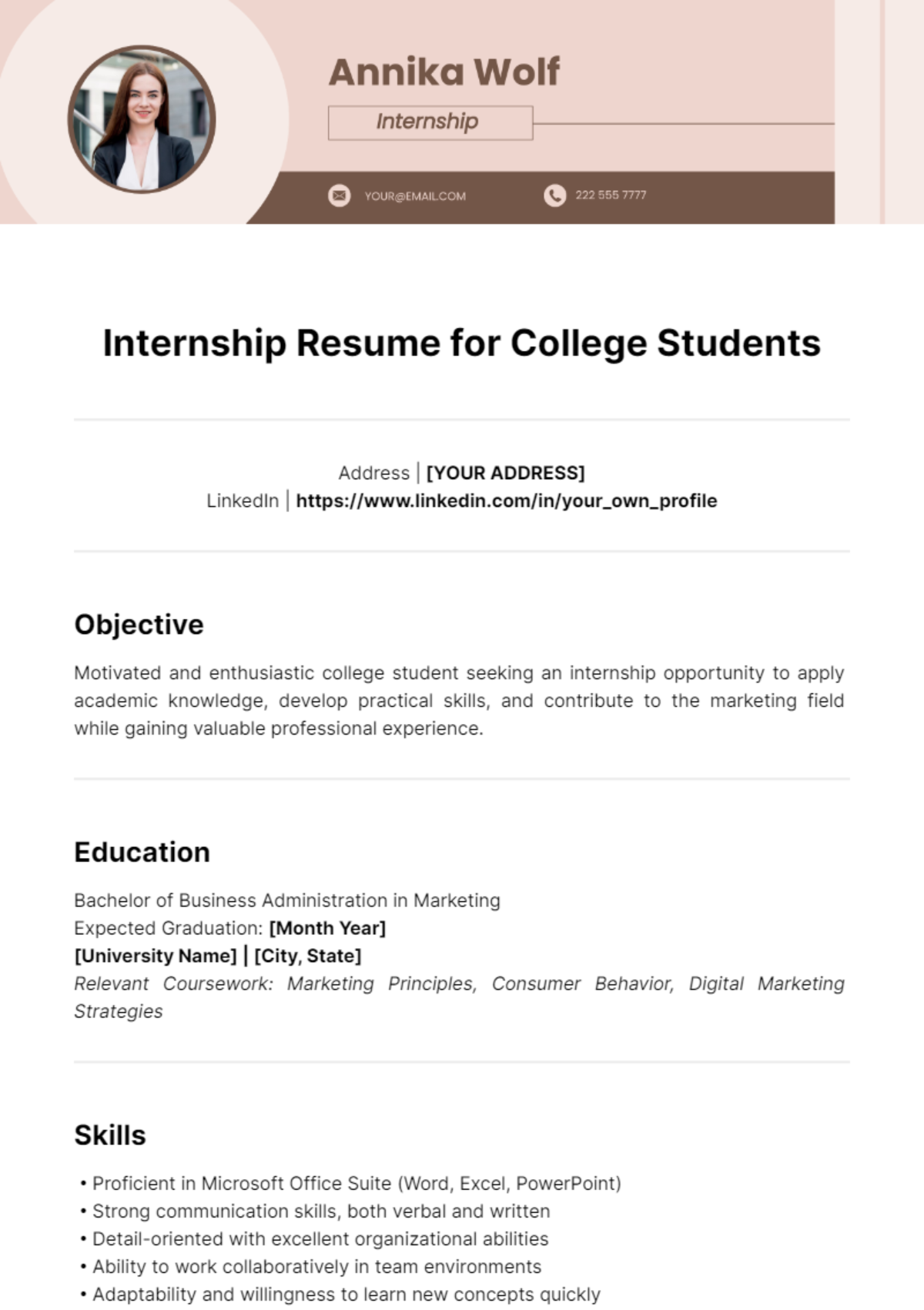 Internship Resume for College Students Template