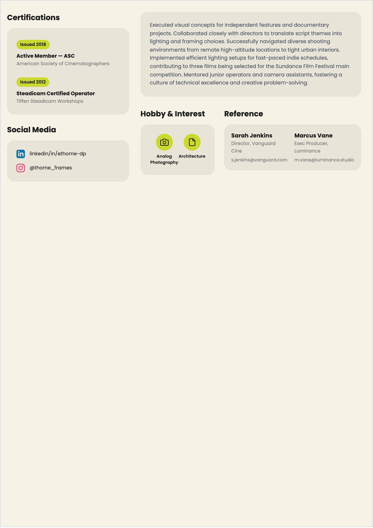 Free Cinematographer ATS Resume Template, AI Resume Builder