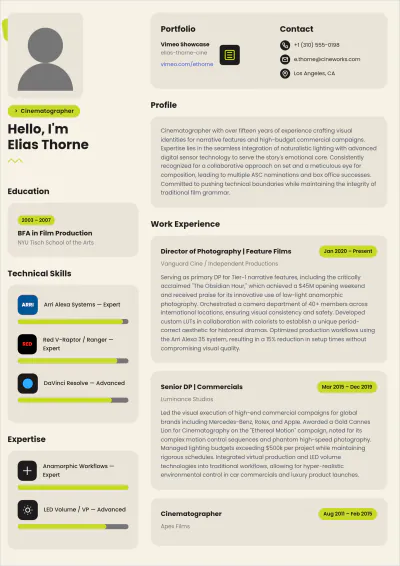 Free Cinematographer ATS Resume Template, AI Resume Builder