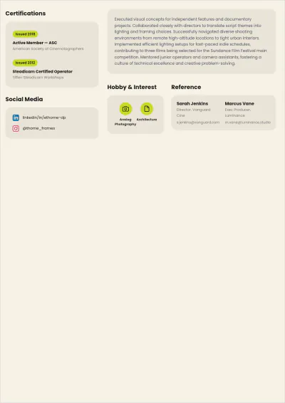 Free Cinematographer ATS Resume Template, AI Resume Builder