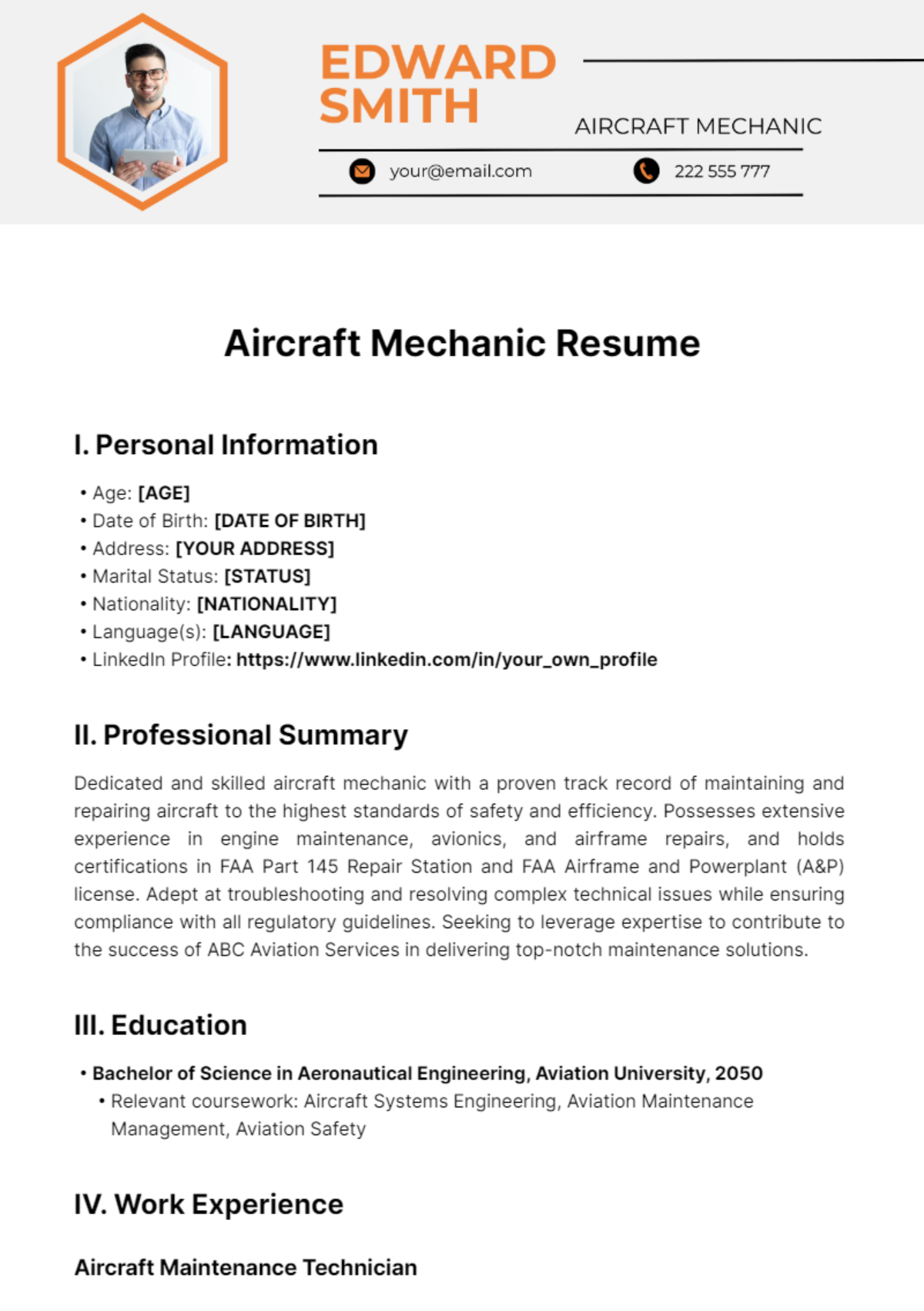 Free Aircraft Mechanic Resume Template