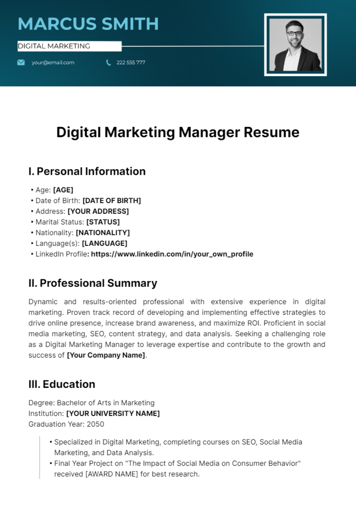 Free Digital Marketing Manager Resume Template