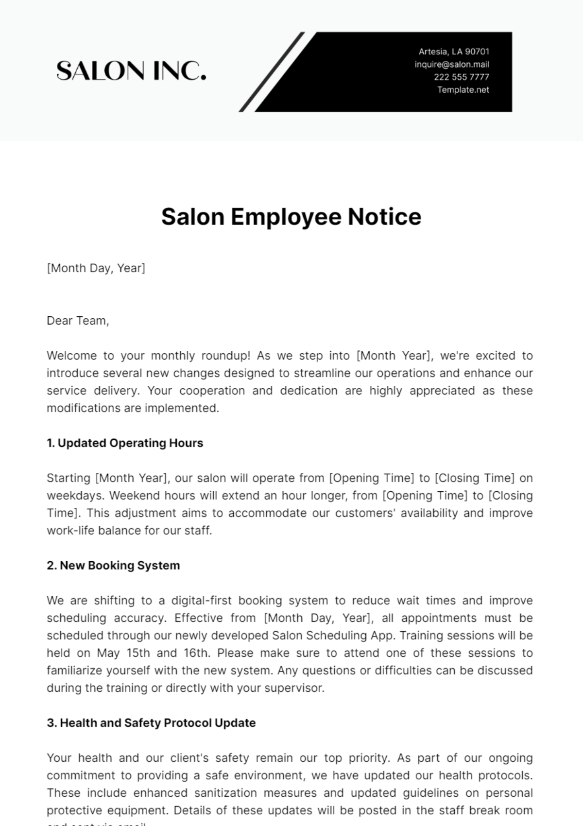 Salon Employee Notice Template - Edit Online & Download