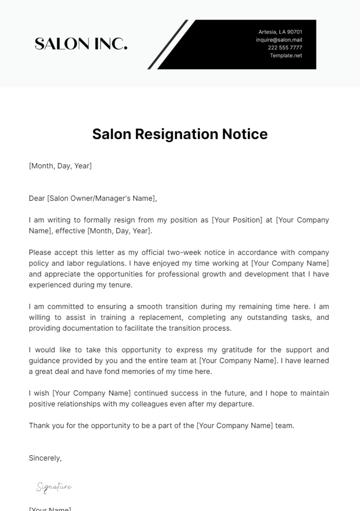 Salon Resignation Notice Template - Edit Online & Download