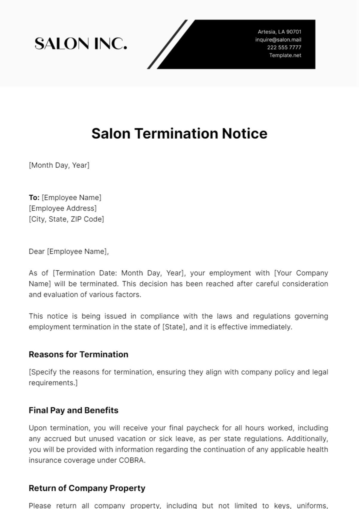 Salon Termination Notice Template - Edit Online & Download