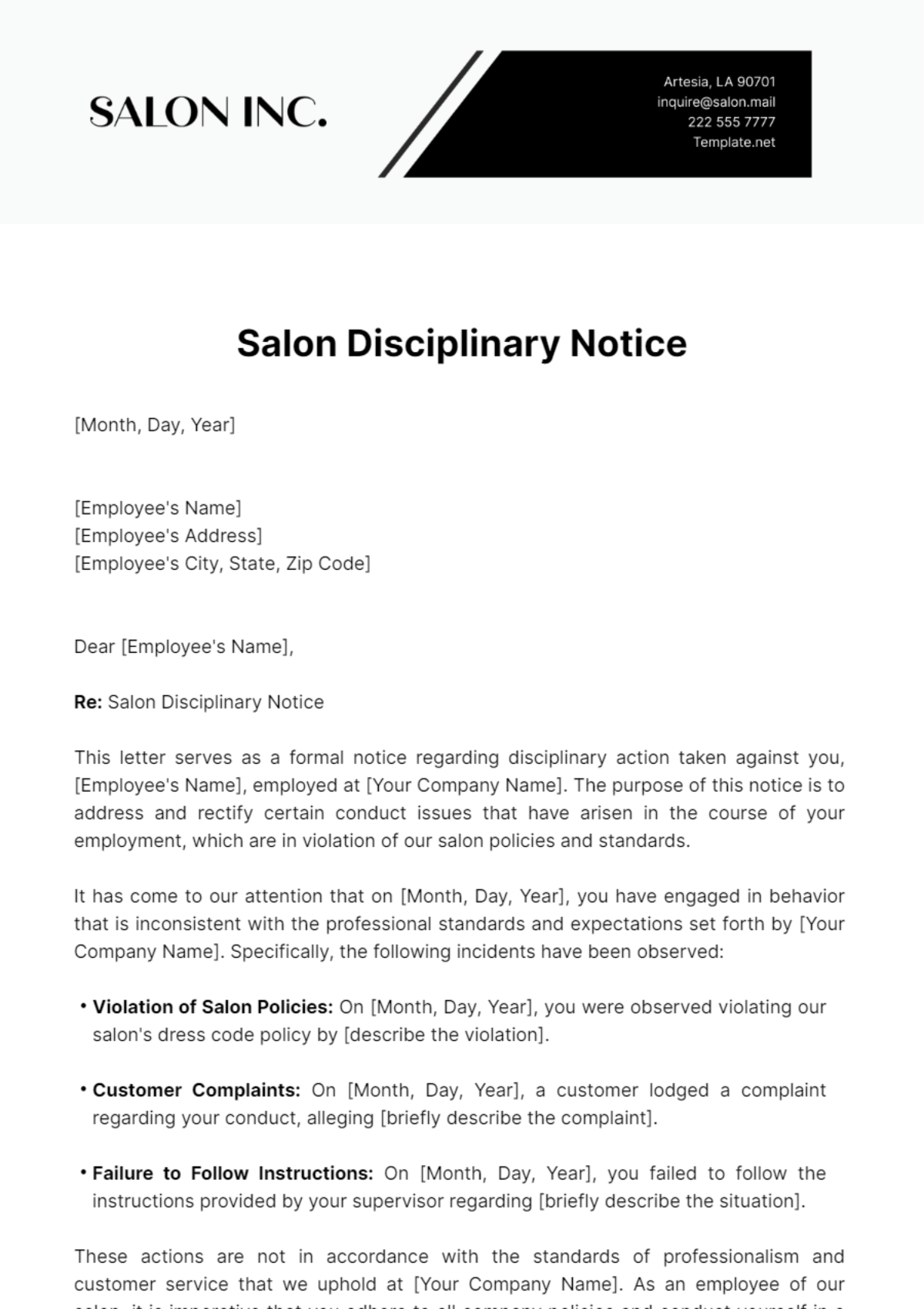 Salon Disciplinary Notice Template - Edit Online & Download