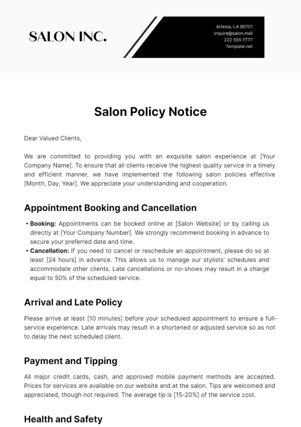 Salon Policy Notice Template - Edit Online & Download