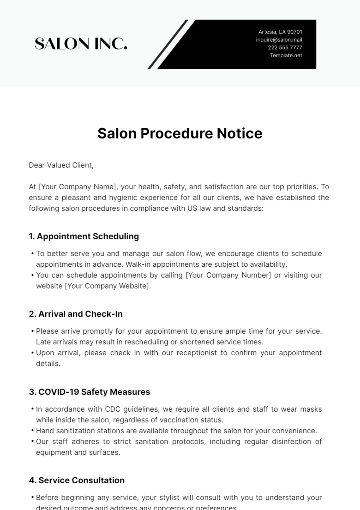 Salon Procedure Notice Template - Edit Online & Download