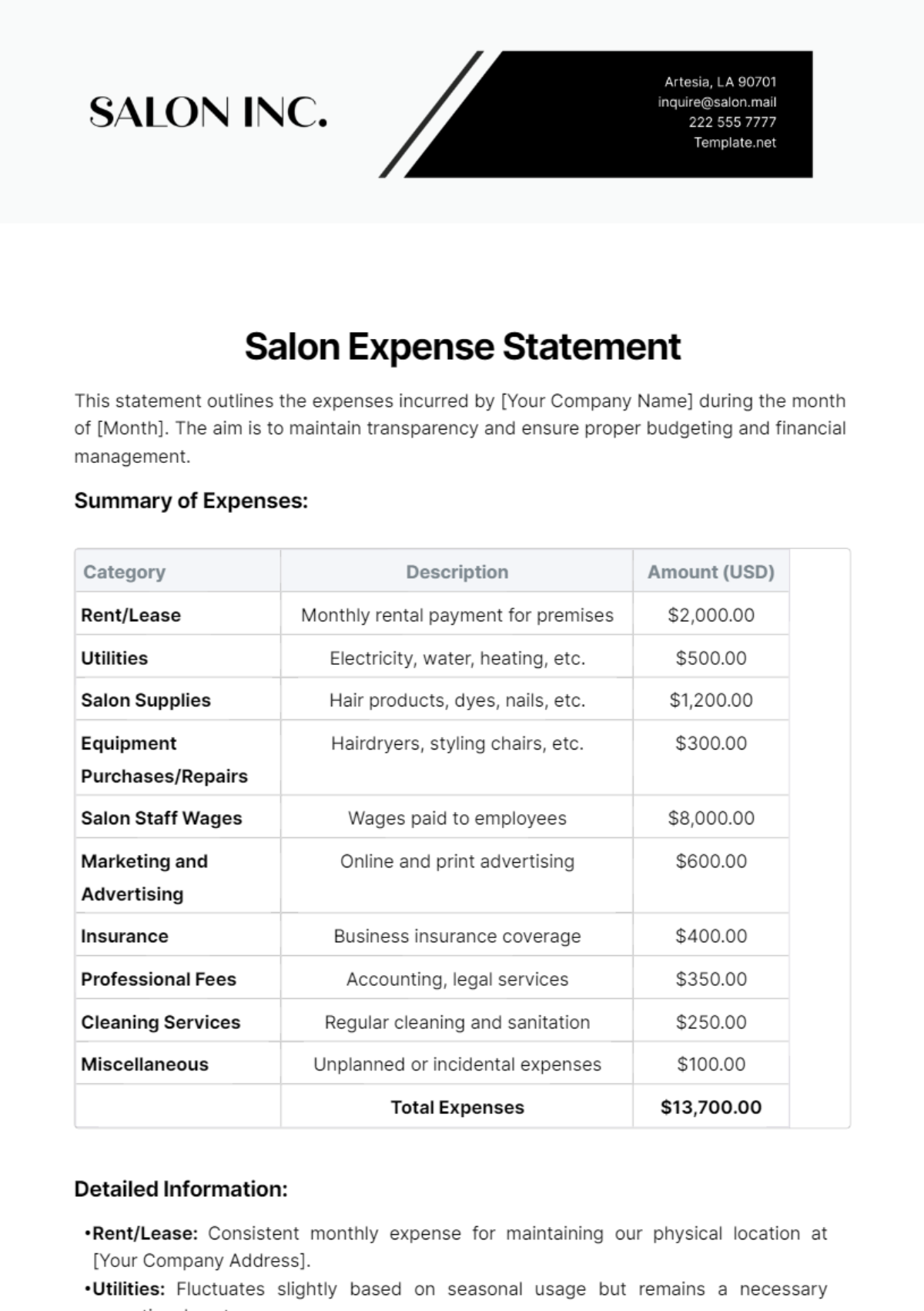 Salon Expense Statement Template