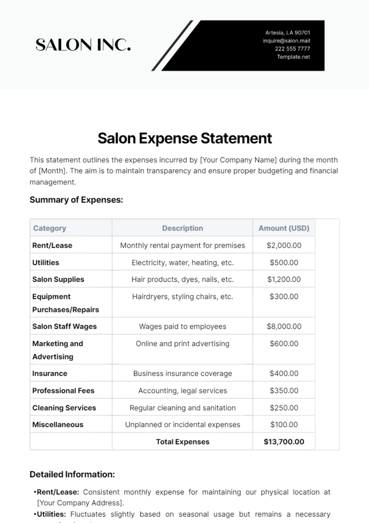 Salon Expense Statement Template - Edit Online & Download