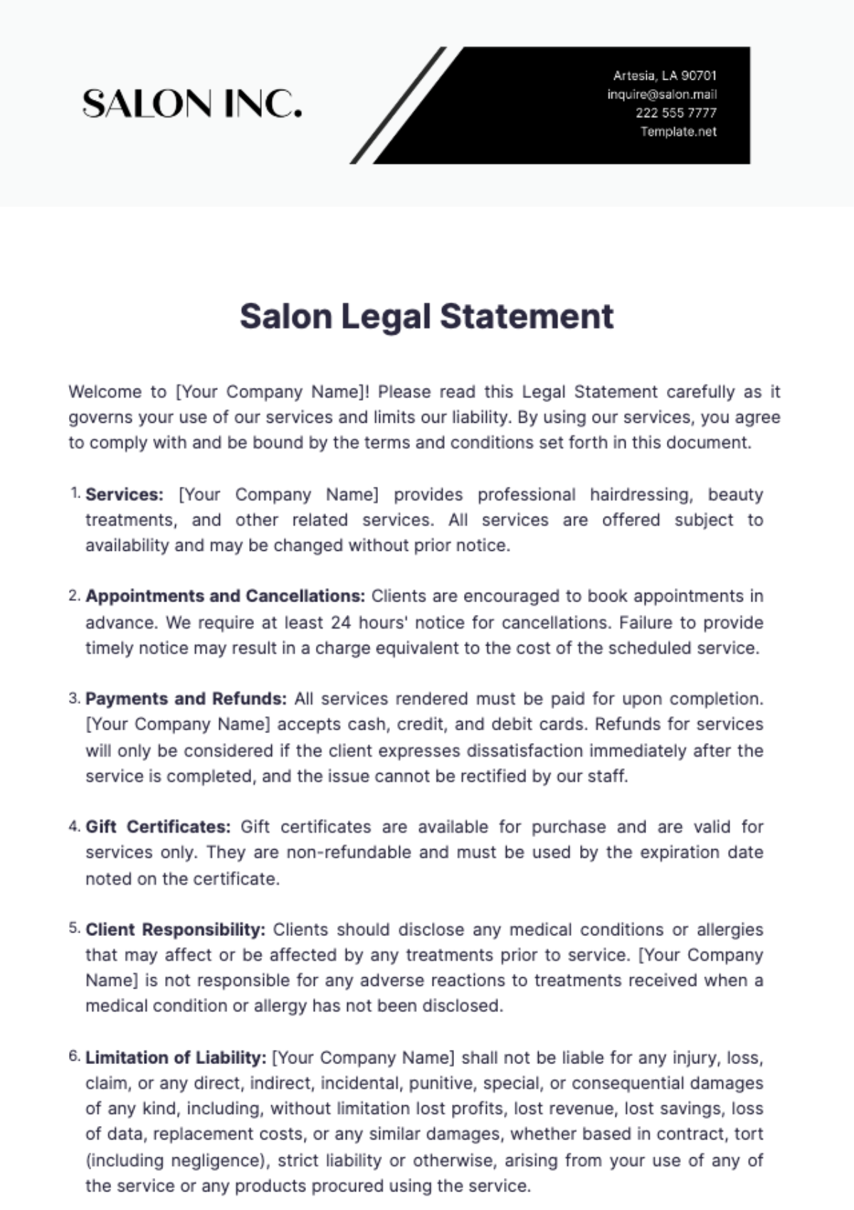 Salon Legal Statement Template - Edit Online & Download