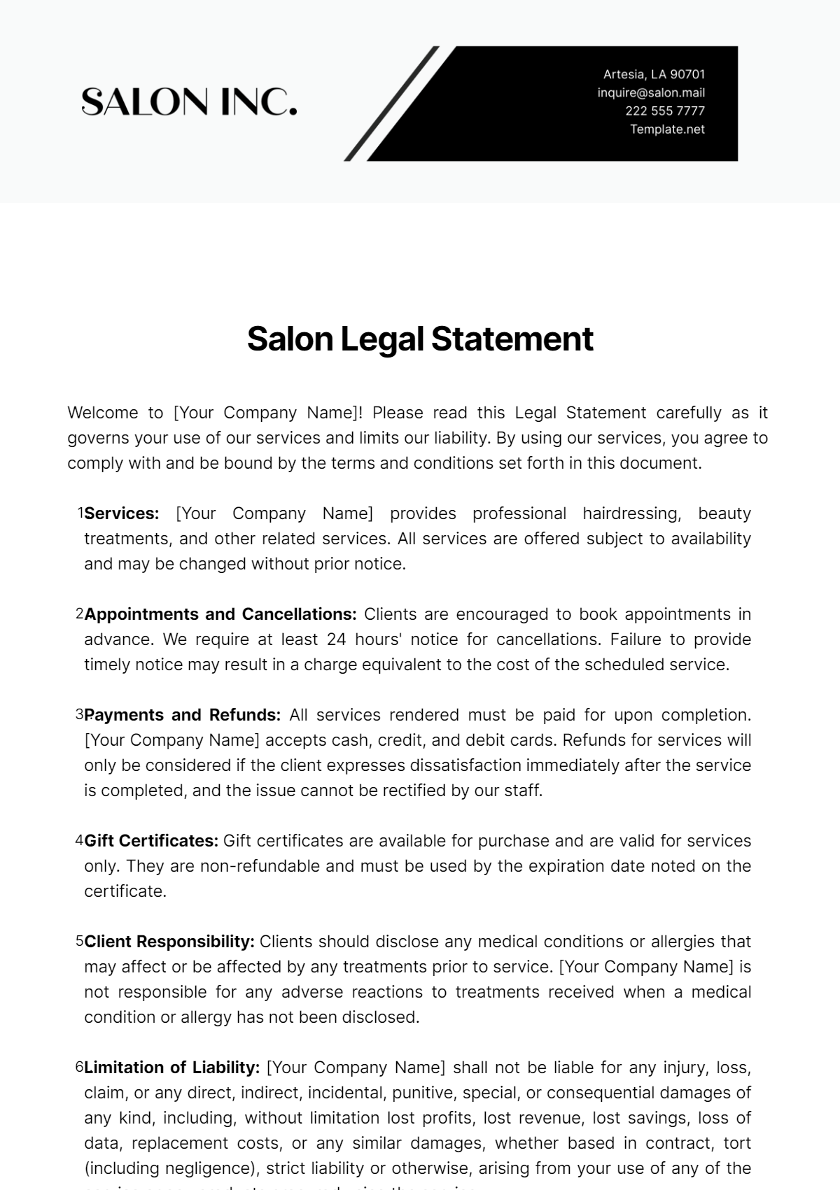 Salon Legal Statement Template