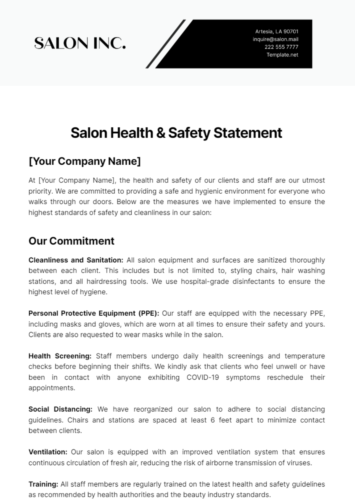 Salon Health & Safety Statement Template